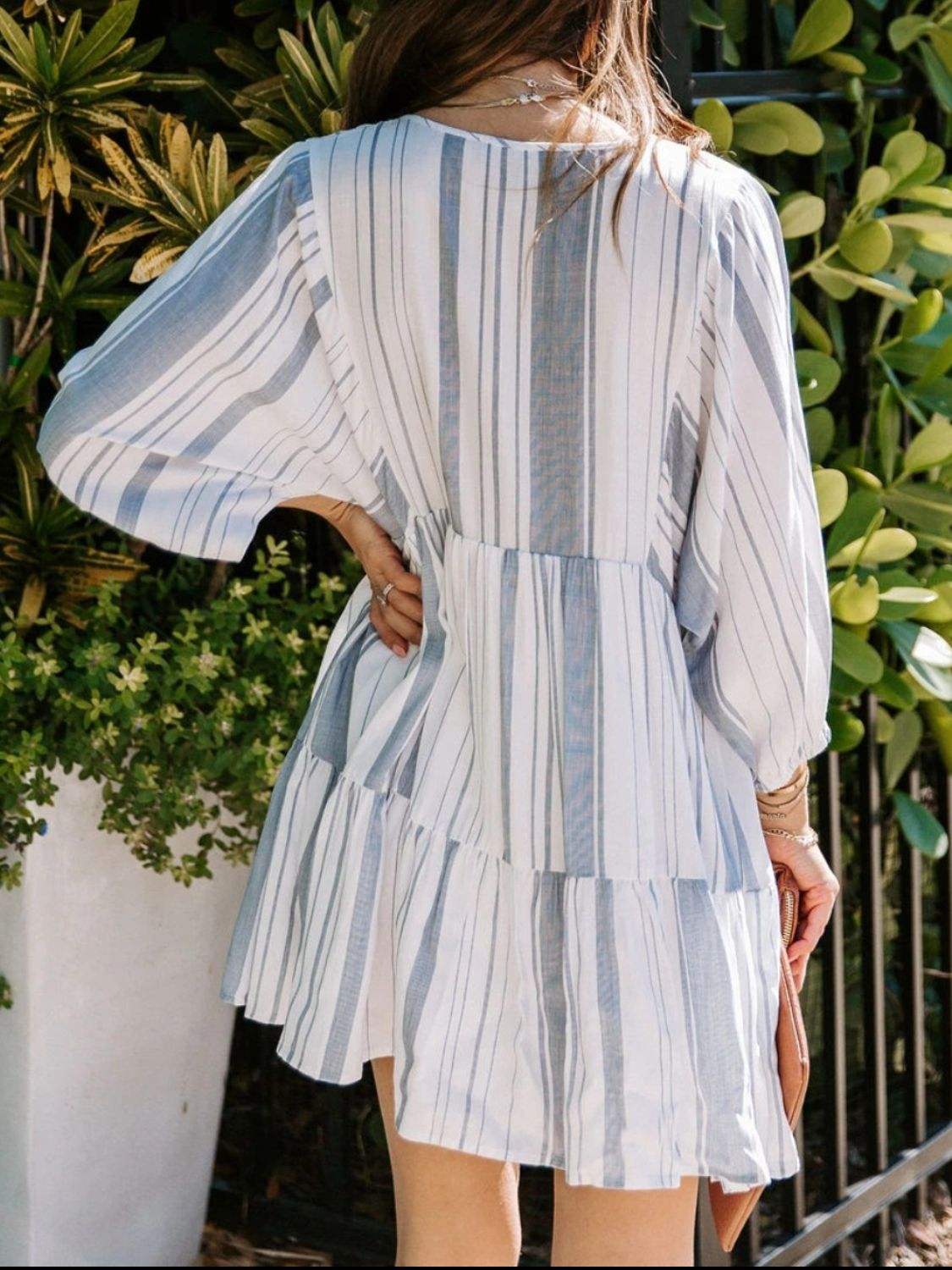 Tassel Striped Tie Neck Batwing Sleeve Dress - Trendsi - Flyclothing LLC
