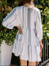 Tassel Striped Tie Neck Batwing Sleeve Dress - Trendsi - Flyclothing LLC
