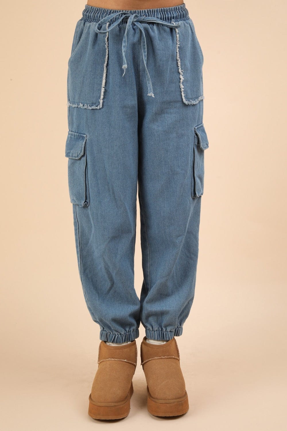 VERY J Washed Drawstring Jogger Cargo Jeans - Trendsi