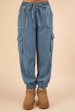 VERY J Washed Drawstring Jogger Cargo Jeans - Trendsi