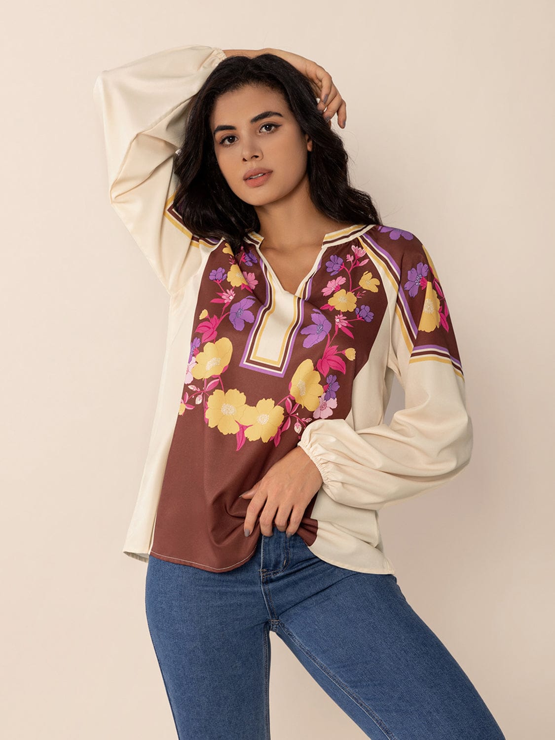 Printed Notched Long Sleeve Blouse - Trendsi