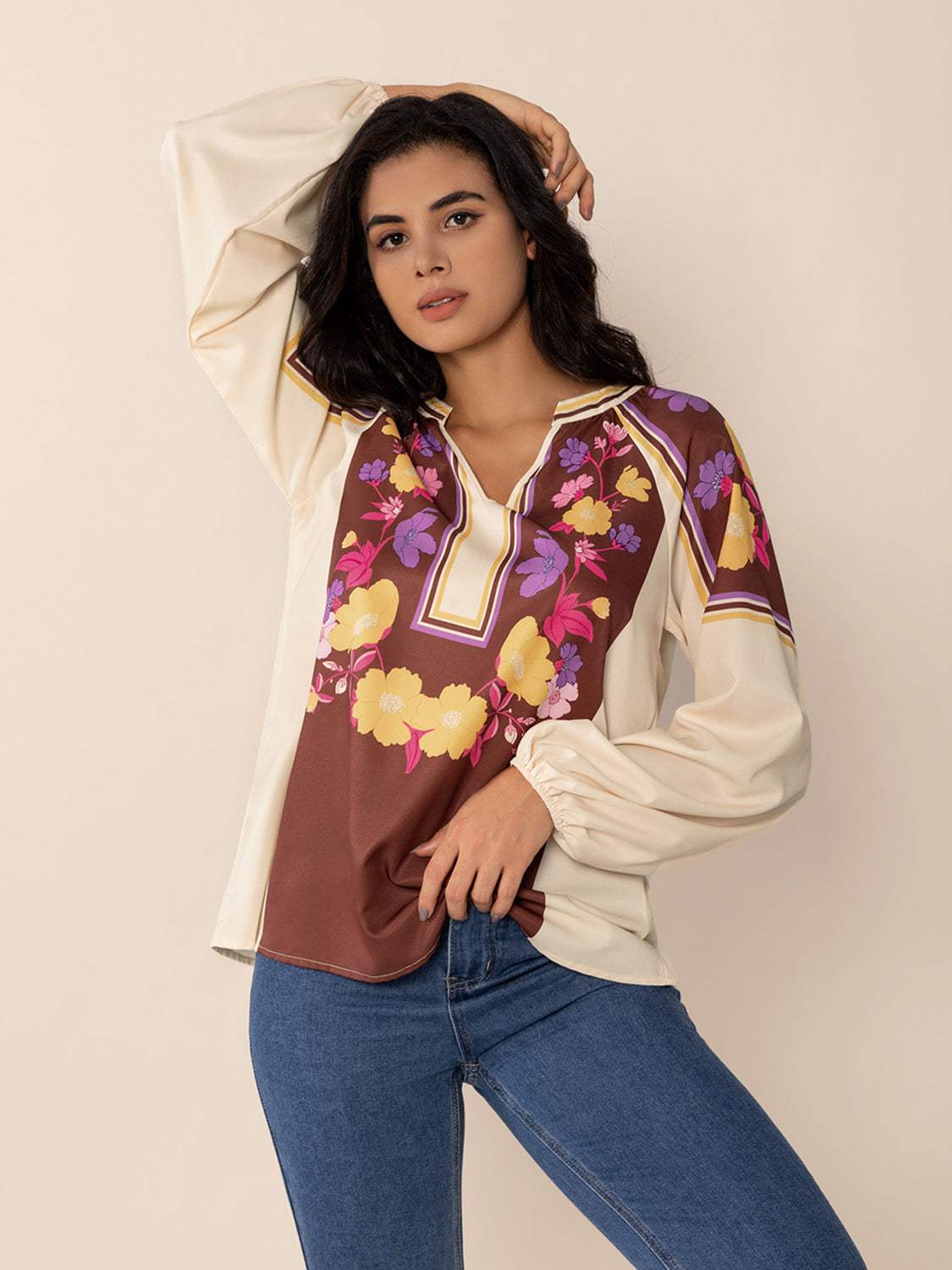 Printed Notched Long Sleeve Blouse - Trendsi - Flyclothing LLC