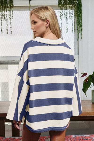 Oh Striped Johnny Collar Long Sleeve T-Shirt - Trendsi - Flyclothing LLC
