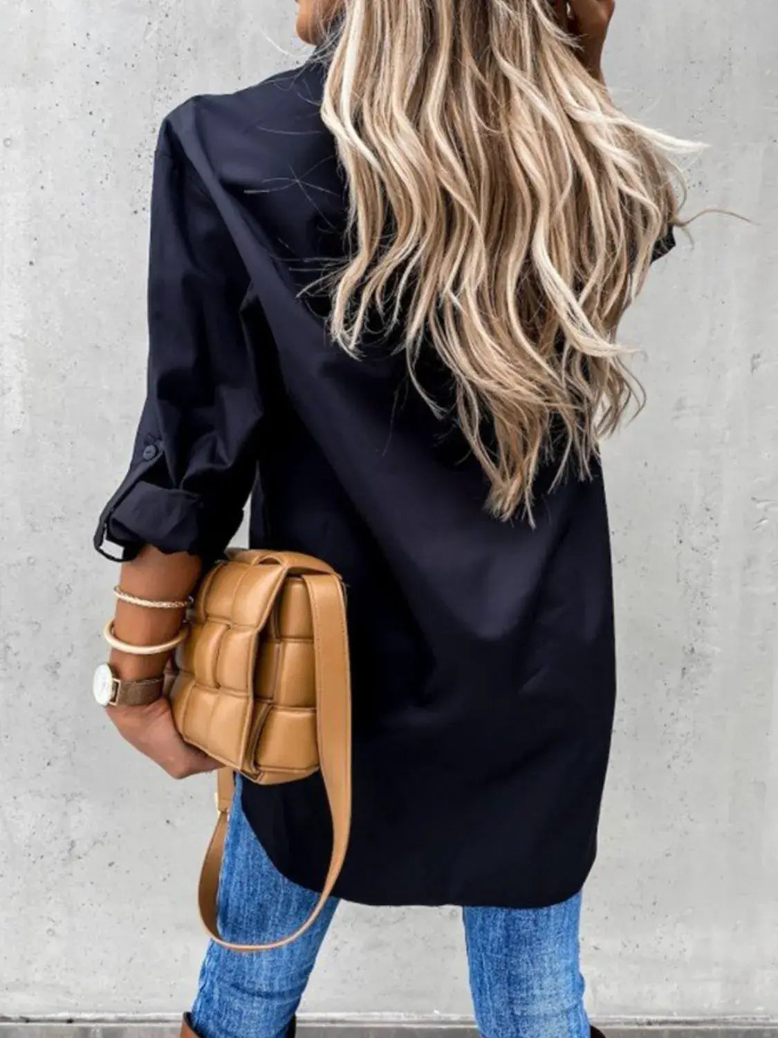 Button Up Roll-Tab Sleeve Shirt - Trendsi - Flyclothing LLC