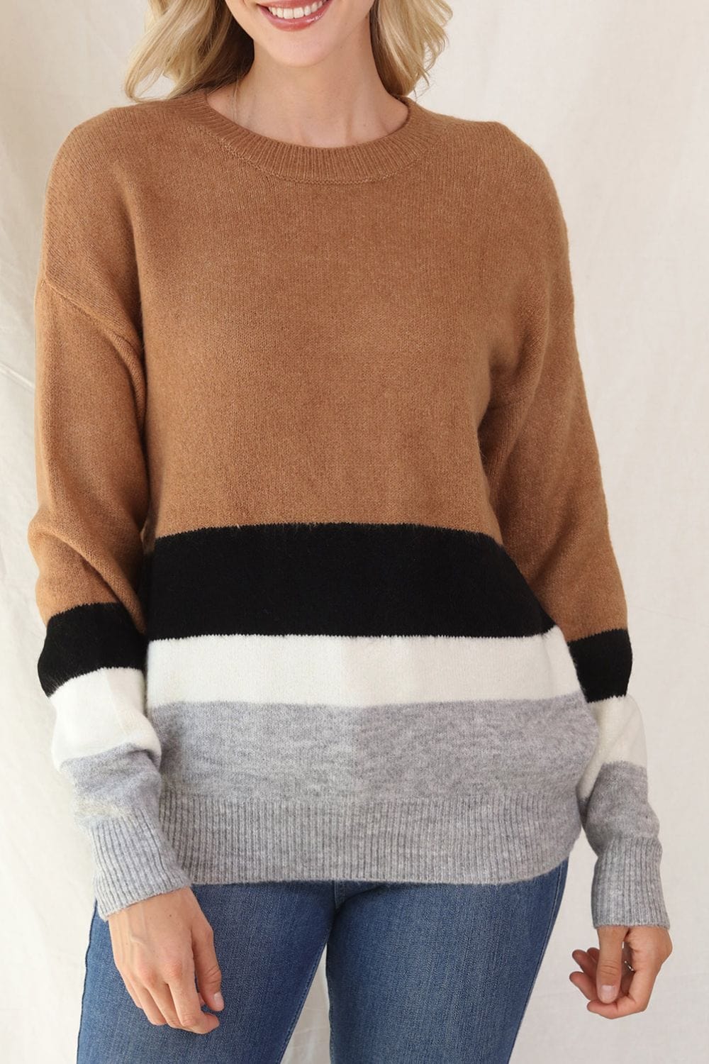 Color Block Round Neck Dropped Shoulder Sweater - Trendsi