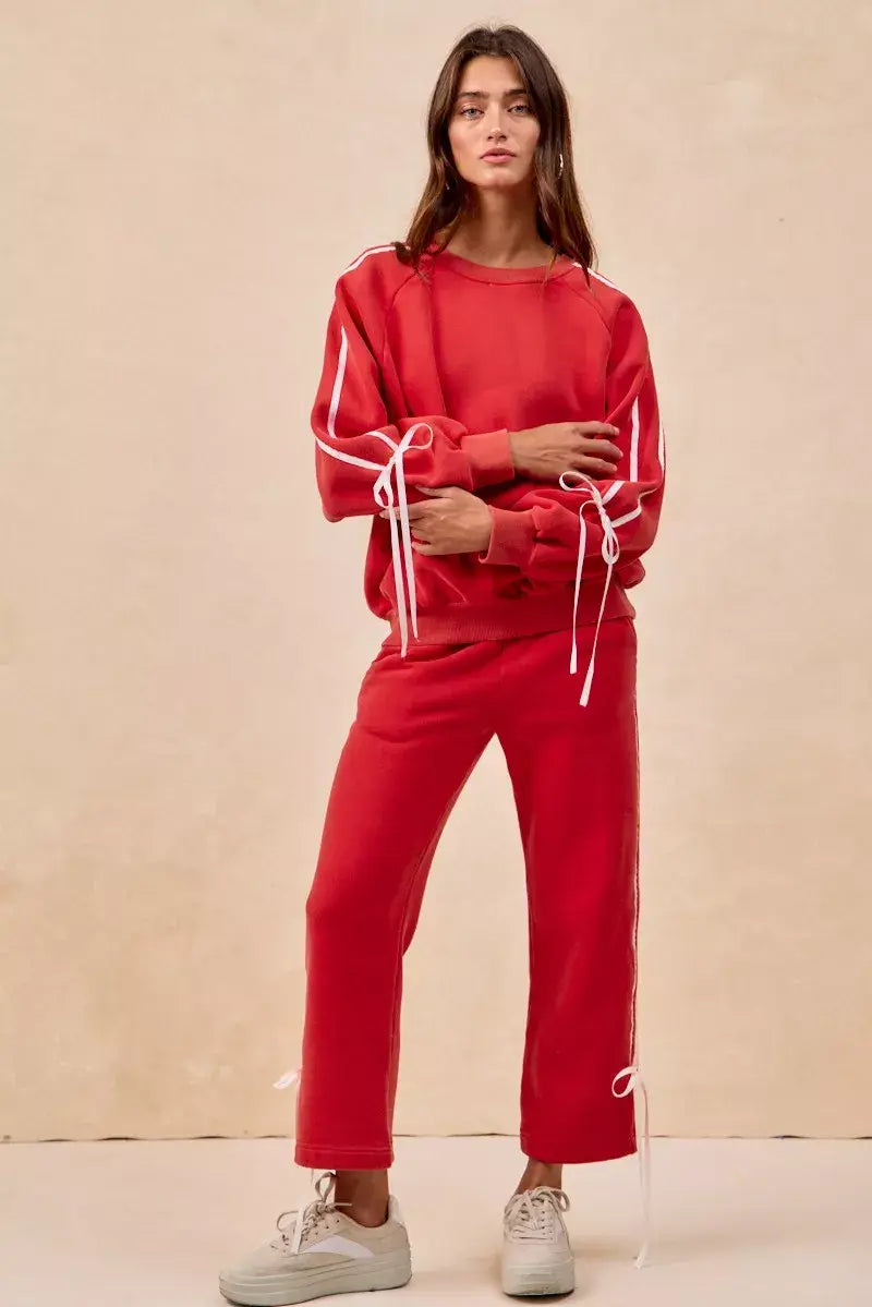 BiBi Side Lined Bow Details Fleece Sweatpants - Trendsi - Flyclothing LLC