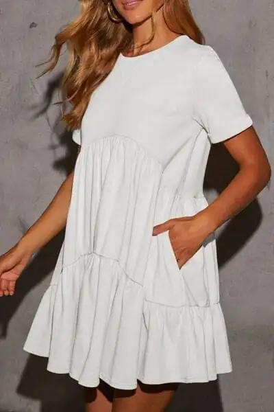 Tiered Round Neck Short Sleeve Mini Dress - Trendsi