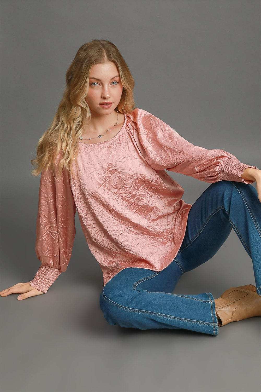 Umgee Wrinkled Round Neck Lantern Sleeve Blouse - Trendsi - Flyclothing LLC