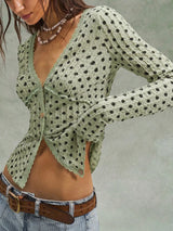 Polka Dot Button Down Textured Long Sleeve Blouse - Trendsi - Flyclothing LLC