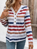 Contrast Striped V-Neck Long Sleeve T-Shirt - Trendsi