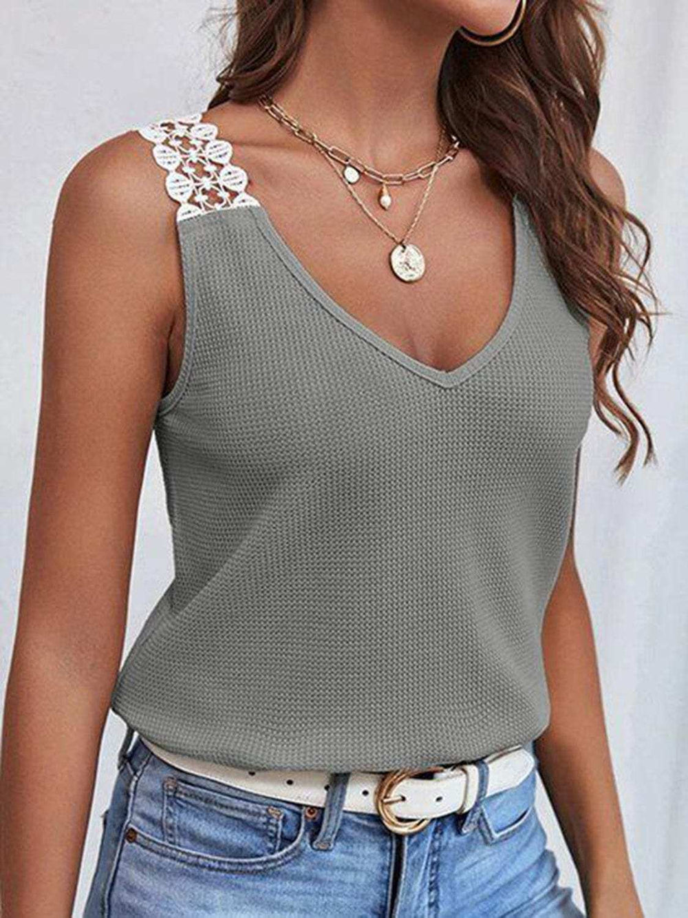 Full Size Lace Detail V-Neck Tank - Trendsi - Flyclothing LLC