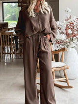 Braided V Neck Long Sleeve Loose Top and Drawstring High Waist Pants 2pcs Outfit - Trendsi - Flyclothing LLC