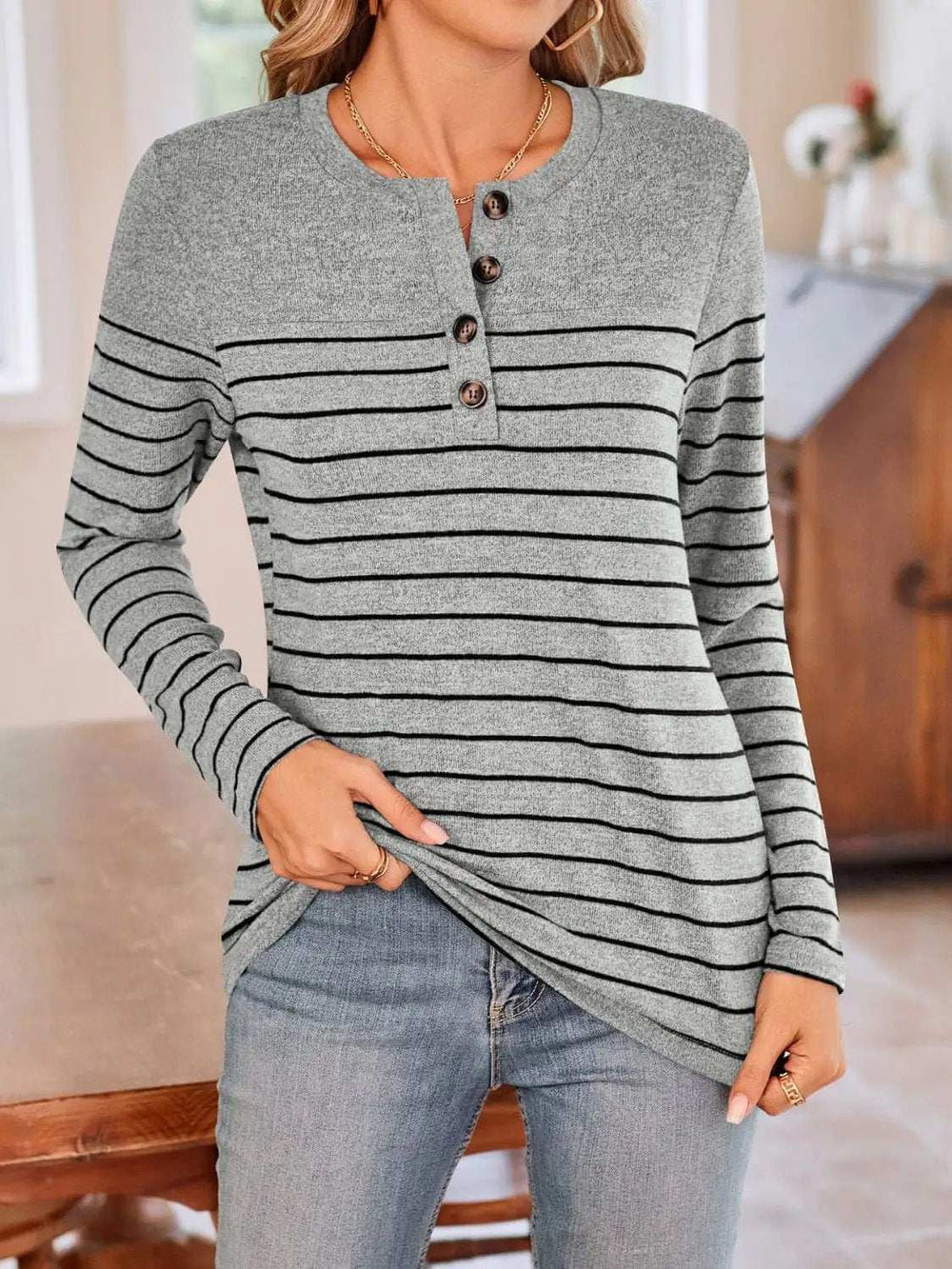 Lovelet Quarter Button Striped Round Neck Long Sleeve T-Shirt - Trendsi - Flyclothing LLC