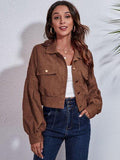 Button Down Collared Neck Cropped Jacket - Trendsi