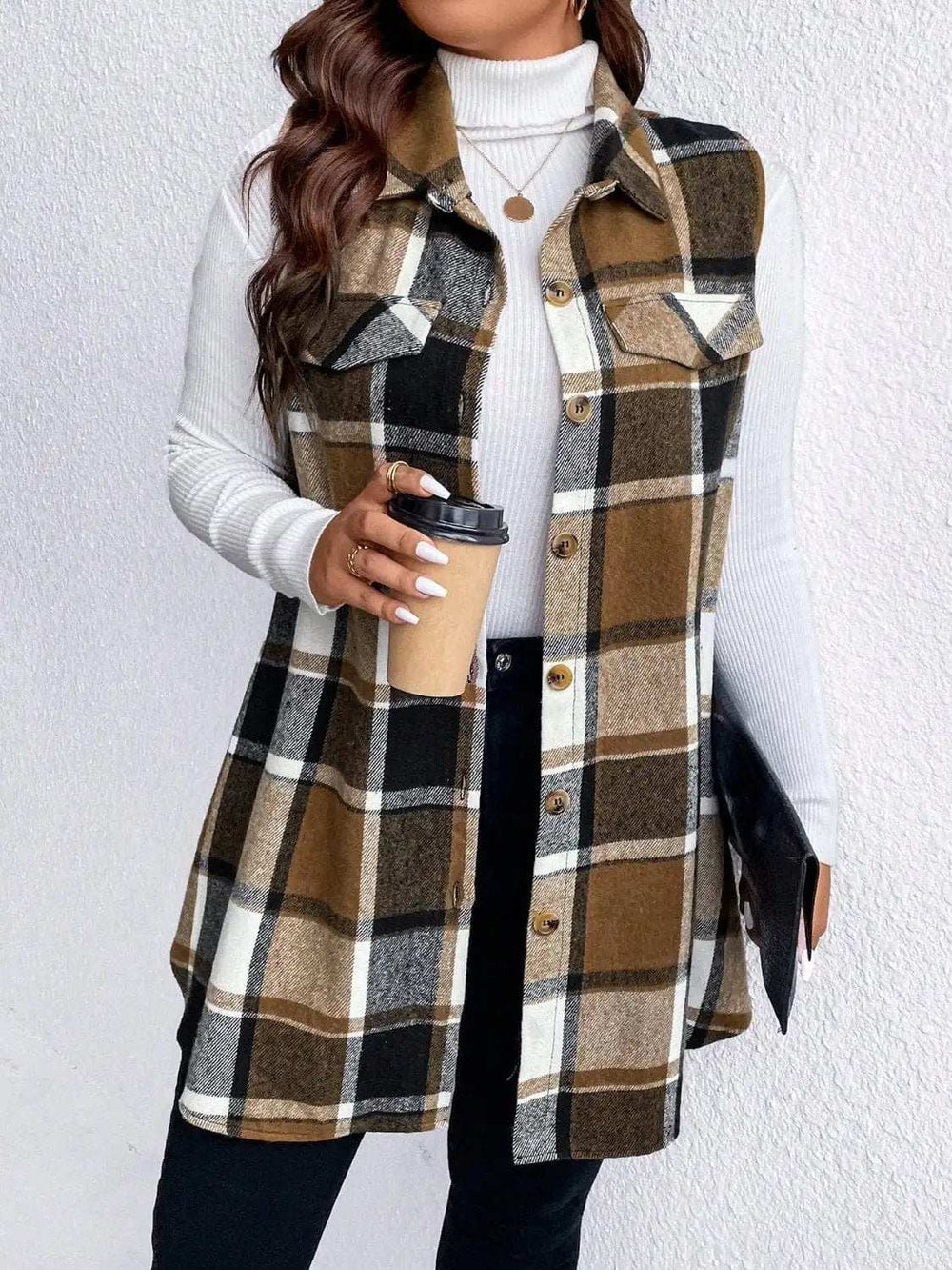 Honey Plus Size Pocketed Plaid Button Up Vest Coat - Trendsi - Flyclothing LLC