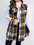 Honey Plus Size Pocketed Plaid Button Up Vest Coat - Trendsi - Flyclothing LLC