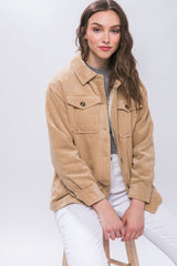 Love Tree Corduroy Button Up Jacket with Sherpa Inside - Trendsi