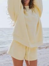 Relaxed Fit Round Neck Sweatshirt and Shorts Set - Trendsi - Flyclothing LLC