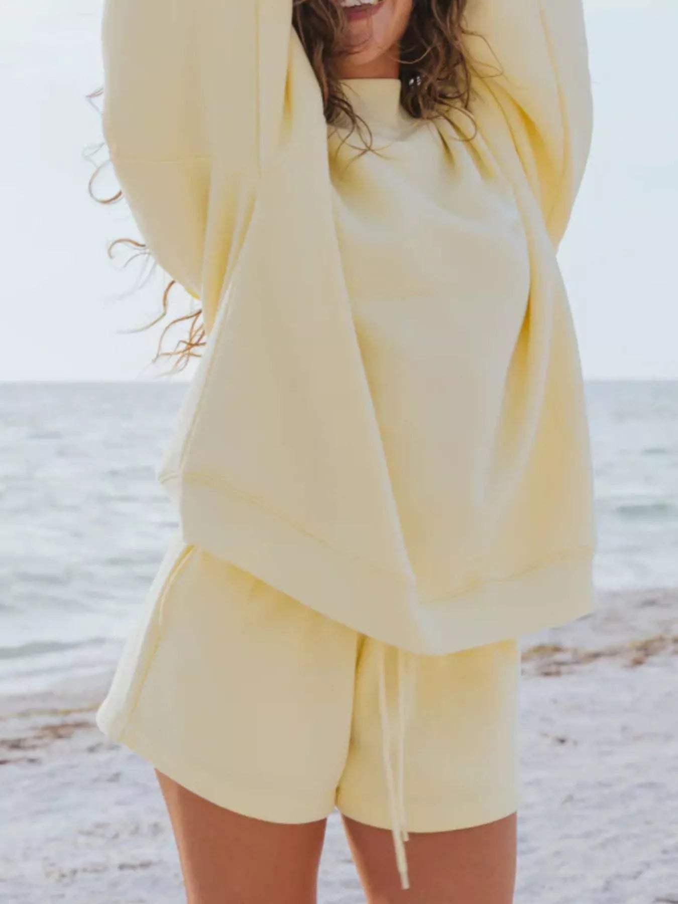 Relaxed Fit Round Neck Sweatshirt and Shorts Set - Trendsi - Flyclothing LLC