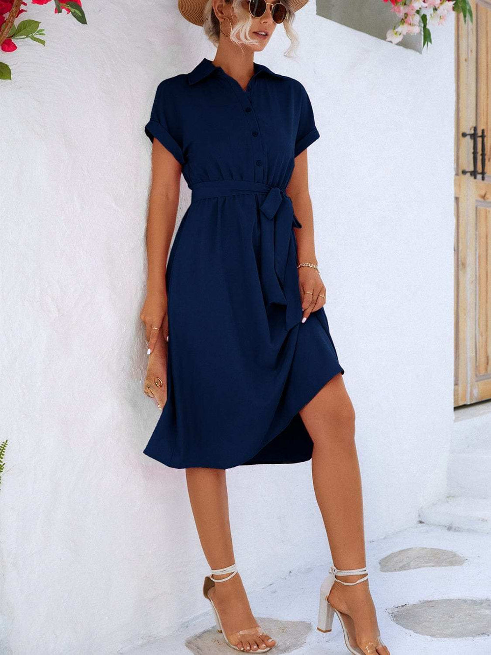 Buttoned Tie Waist Short Sleeve Dress - Trendsi - Flyclothing LLC