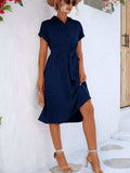 Buttoned Tie Waist Short Sleeve Dress - Trendsi - Flyclothing LLC