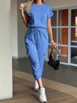 Round Neck Short Sleeve Top and Pants Set - Trendsi - Flyclothing LLC