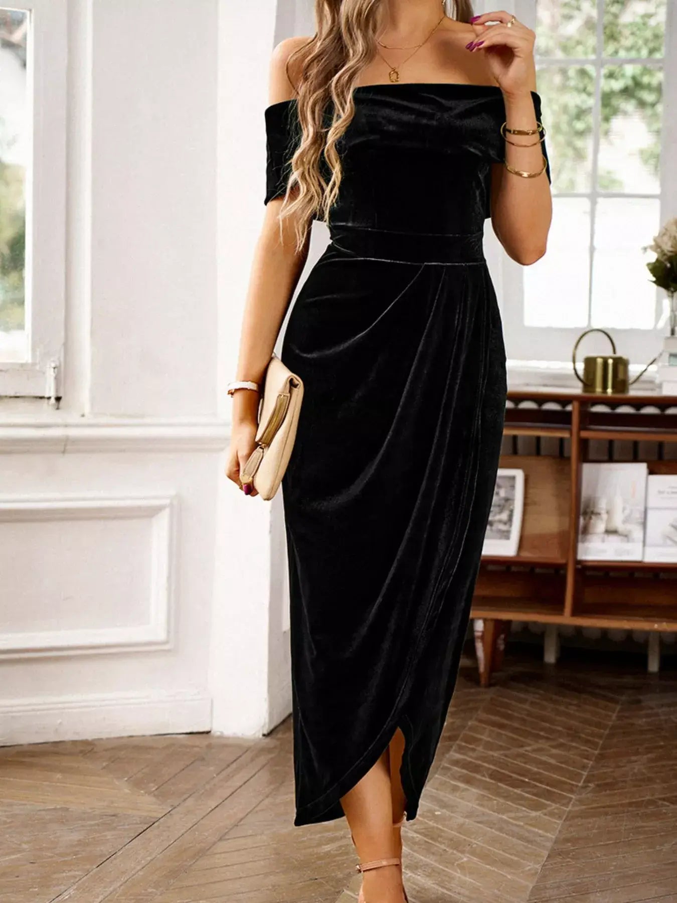 Velvet Off-Shoulder Ruched Midi Dress - Trendsi - Flyclothing LLC