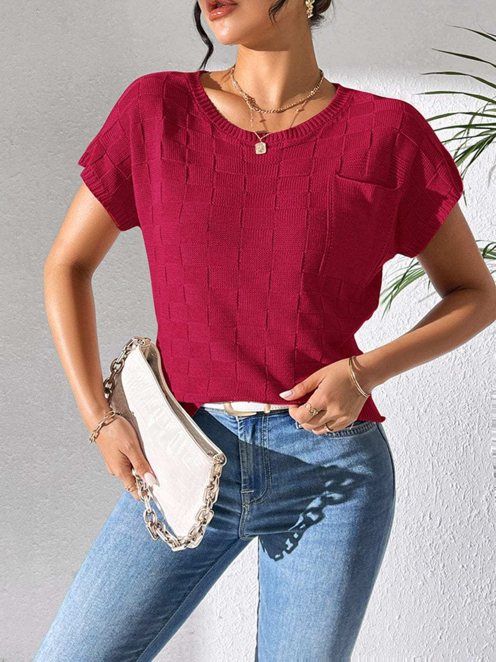 Round Neck Short Sleeve Knit Top - Trendsi - Flyclothing LLC