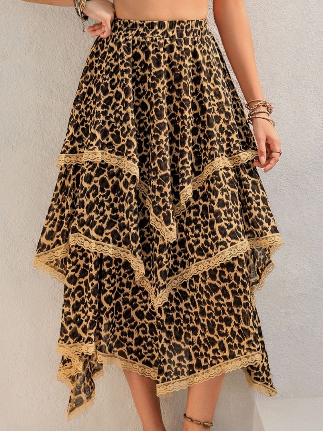 Lace Detail Layered Printed Skirt - Trendsi