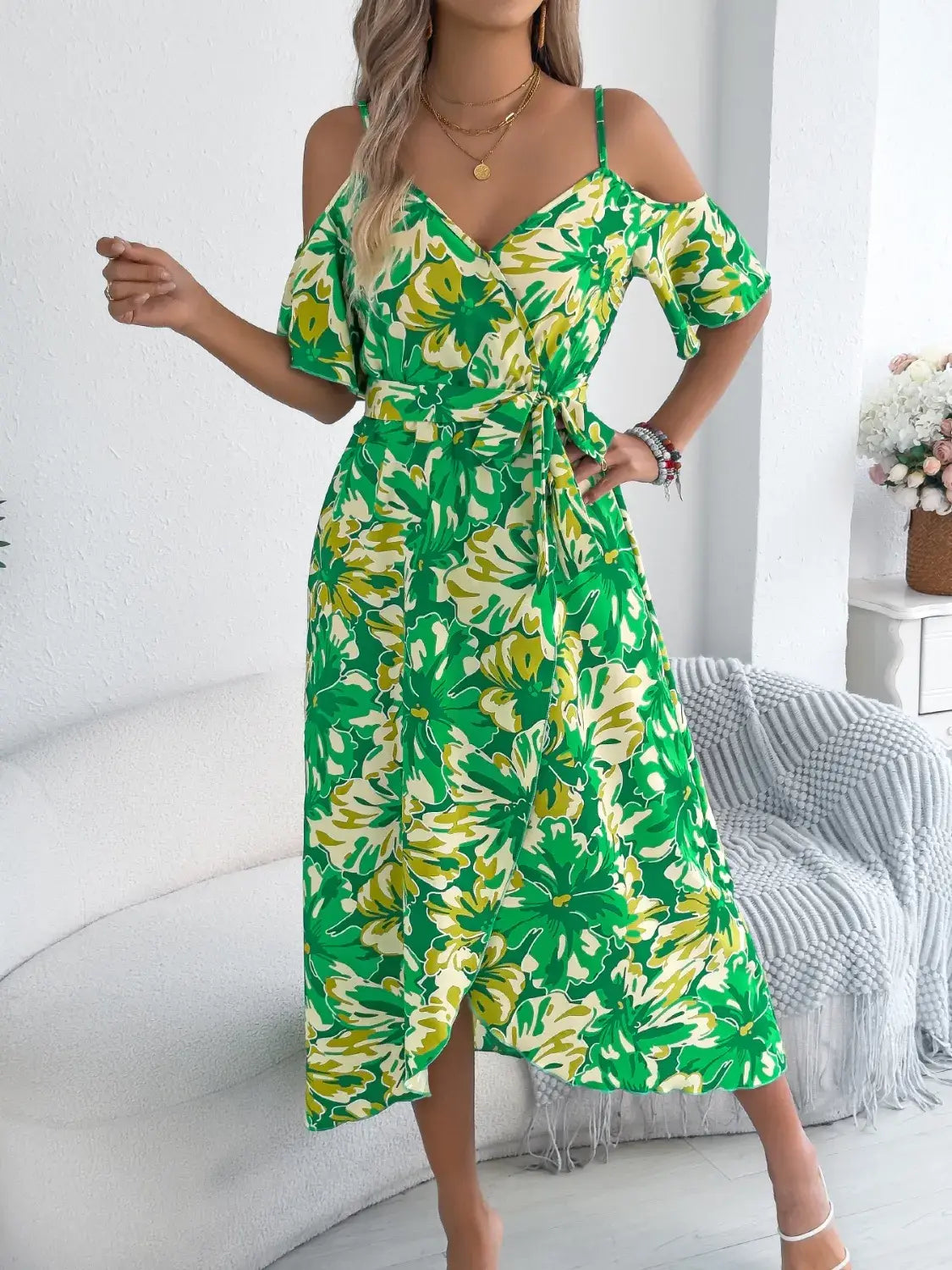 Printed Cold Shoulder Midi Cami Dress - Trendsi - Flyclothing LLC