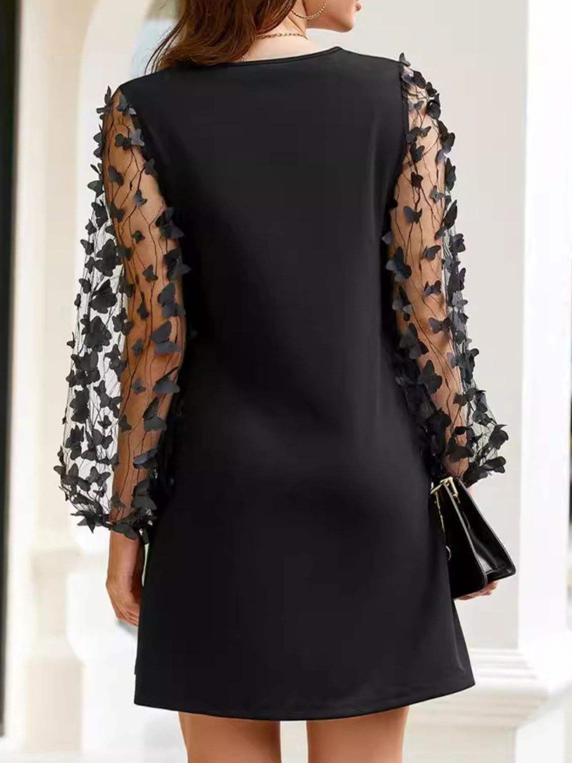Round Neck Butterfly Mesh Long Sleeve Mini Dress - Trendsi - Flyclothing LLC