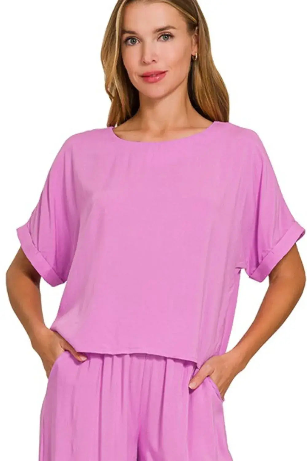 Zenana Round Neck T-Shirt and Wide Leg Pants Set - Trendsi - Flyclothing LLC
