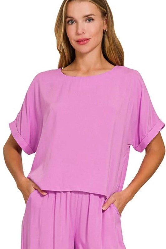 Zenana Round Neck T-Shirt and Wide Leg Pants Set - Trendsi - Flyclothing LLC