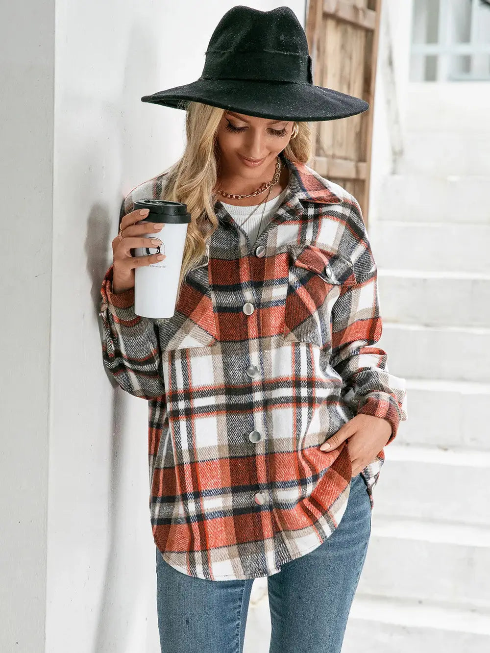 Meet You Outside Plaid Button Down Curved Hem Shacket - Trendsi - Flyclothing LLC