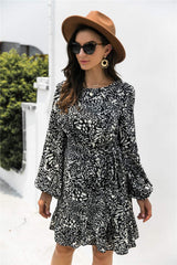 Animal Print Round Neck Balloon Sleeve Mini Dress - Trendsi - Flyclothing LLC