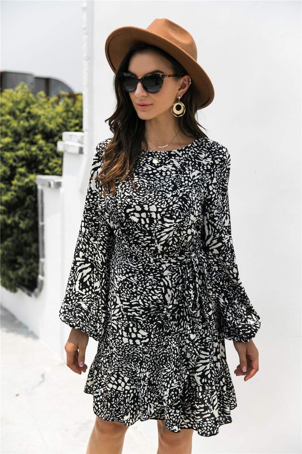 Animal Print Round Neck Balloon Sleeve Mini Dress - Trendsi - Flyclothing LLC