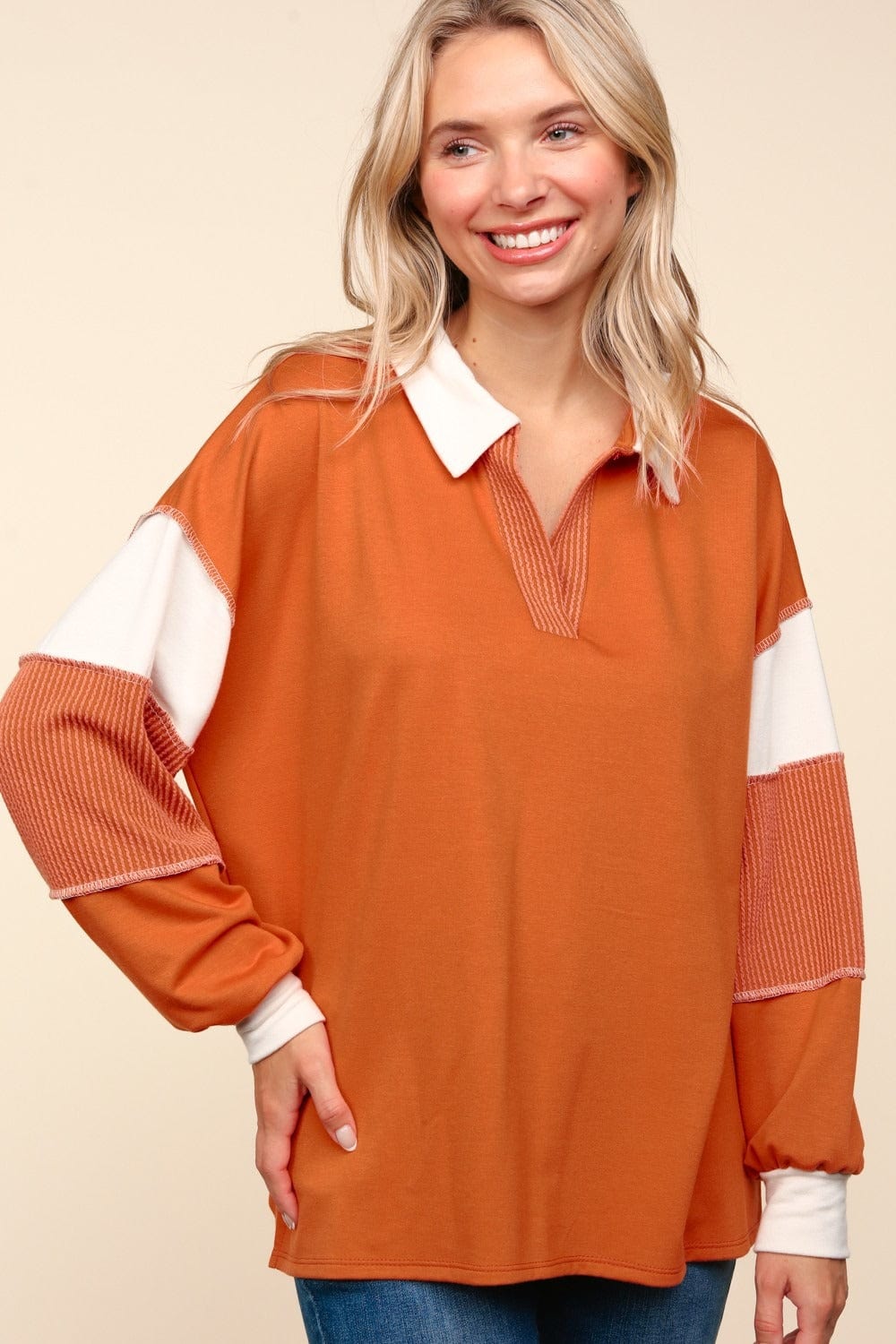 Haptics Color Block Exposed Seam Long Sleeve Top - Trendsi