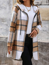 Drawstring Plaid Zip Up Long Sleeve Hooded Outerwear - Trendsi - Flyclothing LLC