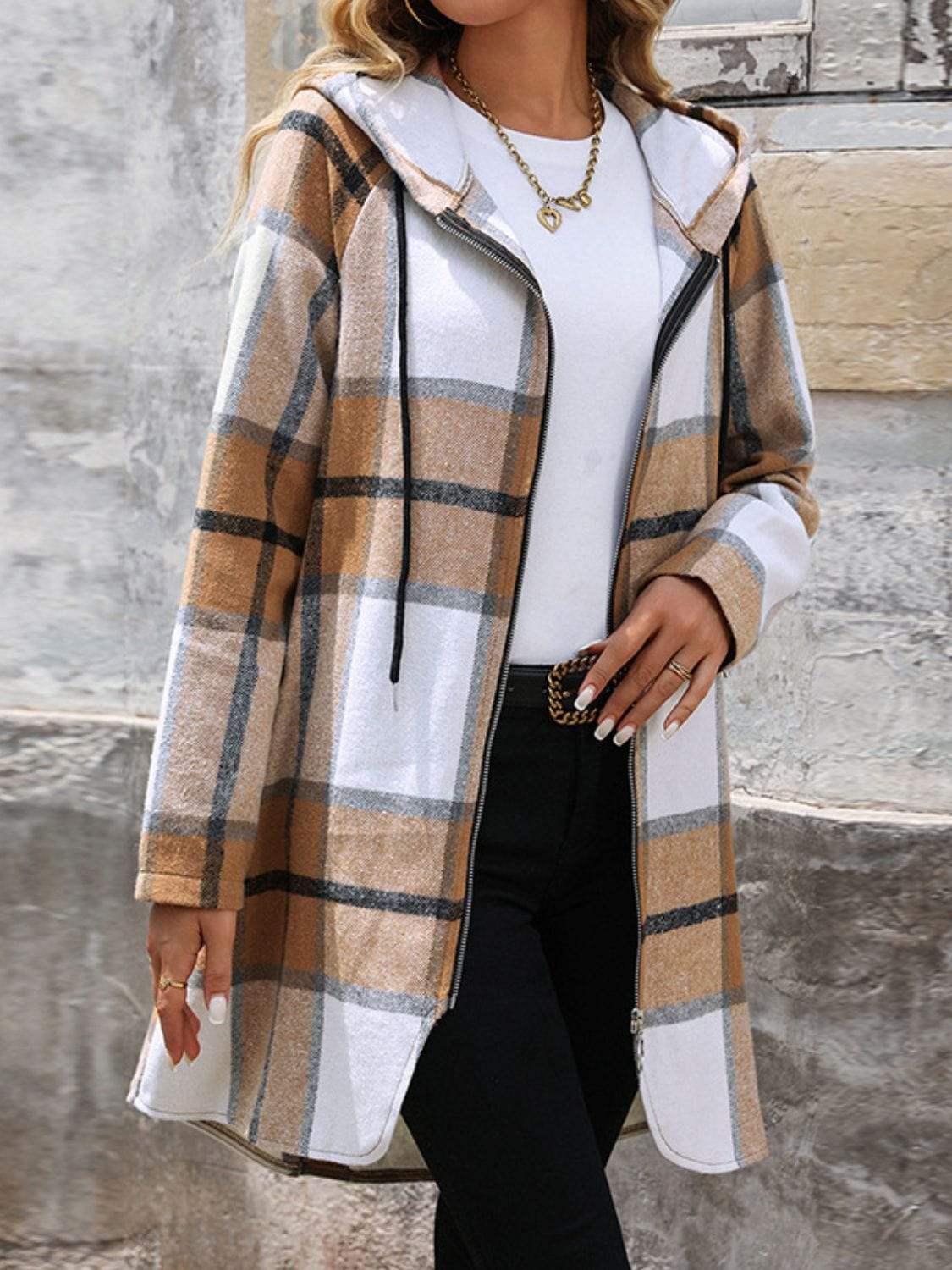 Drawstring Plaid Zip Up Long Sleeve Hooded Outerwear - Trendsi - Flyclothing LLC