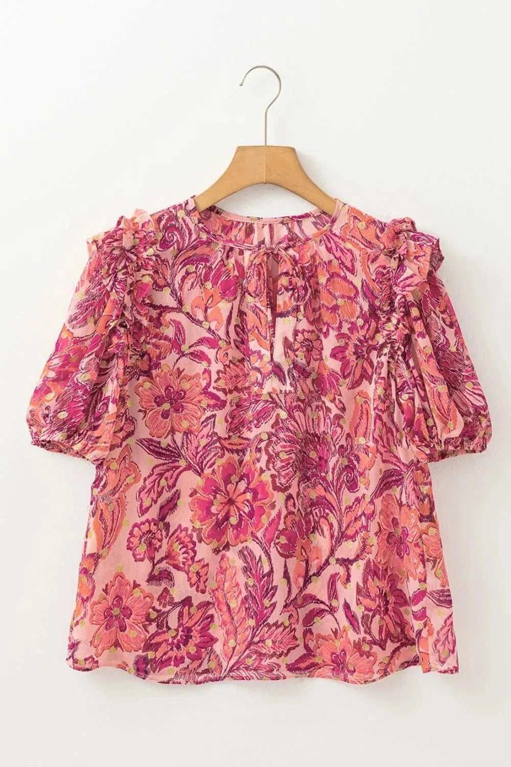 Floral Print Ruffled Puff Short Sleeve Blouse - Trendsi - Flyclothing LLC