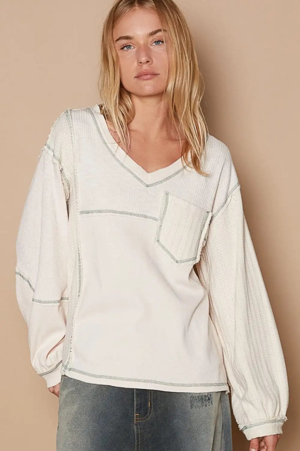 POL V-Neck knit Panel Exposed Seam Top - Trendsi