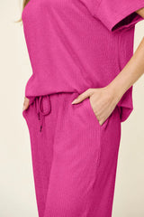 Double Take Full Size Texture Round Neck Short Sleeve T-Shirt and Wide Leg Pants - Trendsi - Flyclothing LLC