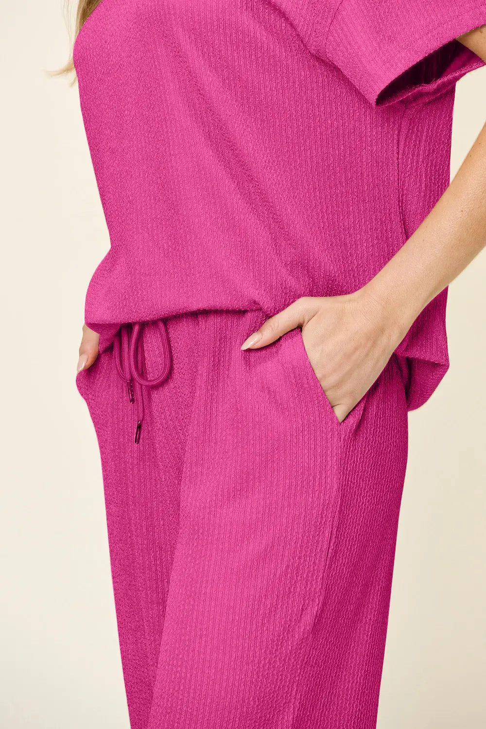 Double Take Full Size Texture Round Neck Short Sleeve T-Shirt and Wide Leg Pants - Trendsi - Flyclothing LLC