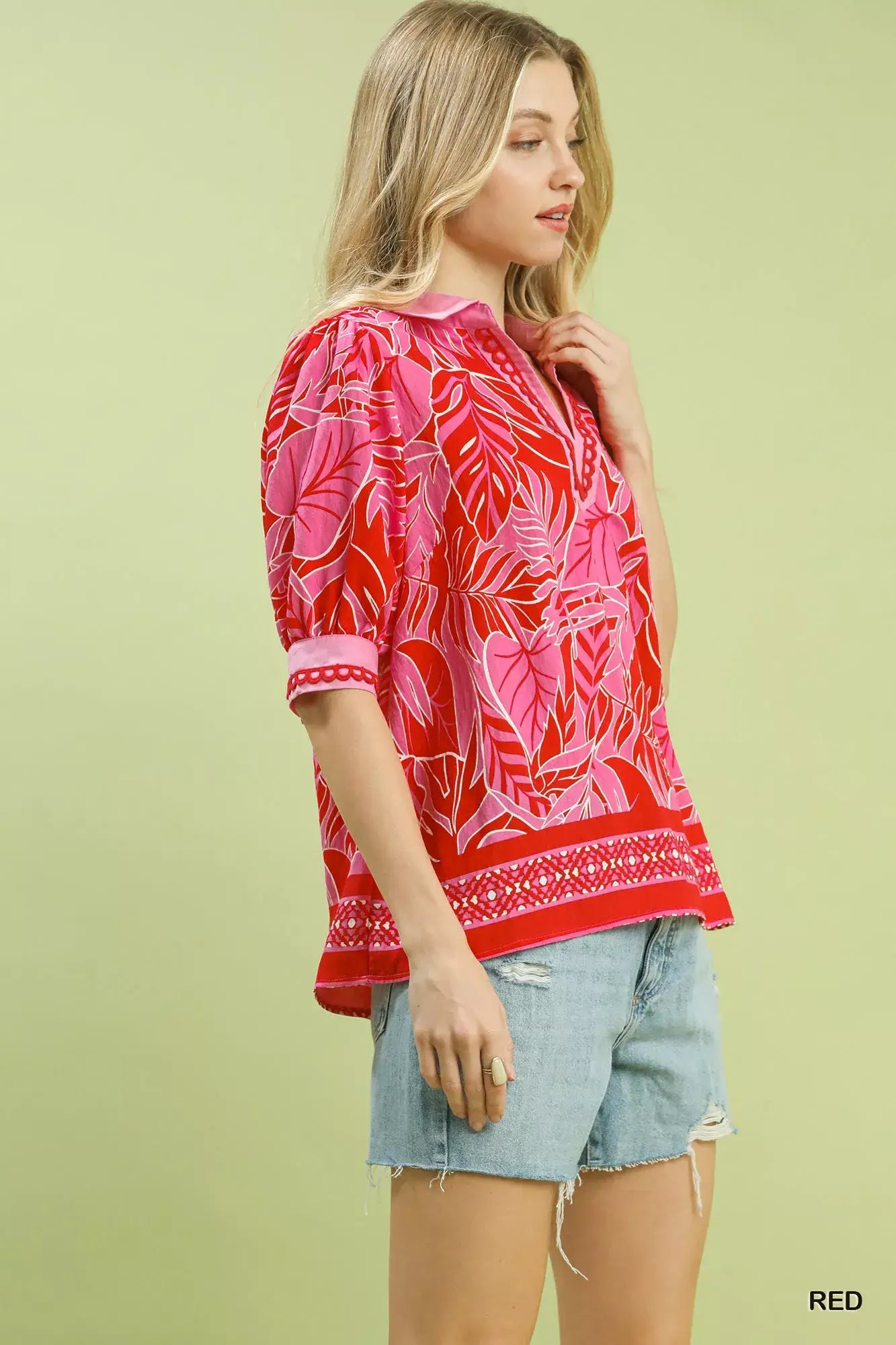 Umgee Tropical Print Puff Sleeve Blouse - Trendsi - Flyclothing LLC