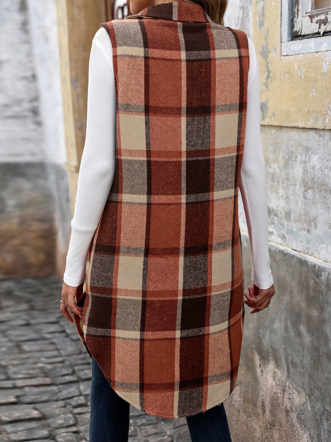 Pocketed Button Up Plaid Vest - Trendsi