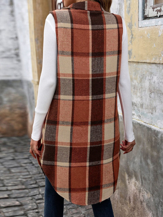Pocketed Button Up Plaid Vest - Trendsi