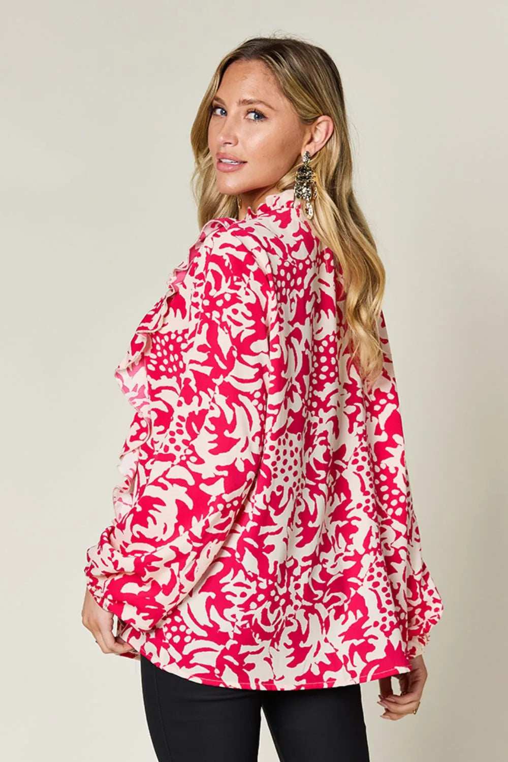 Double Take Full Size Printed Ruffle Trim Balloon Sleeve Shirt - Trendsi - Flyclothing LLC