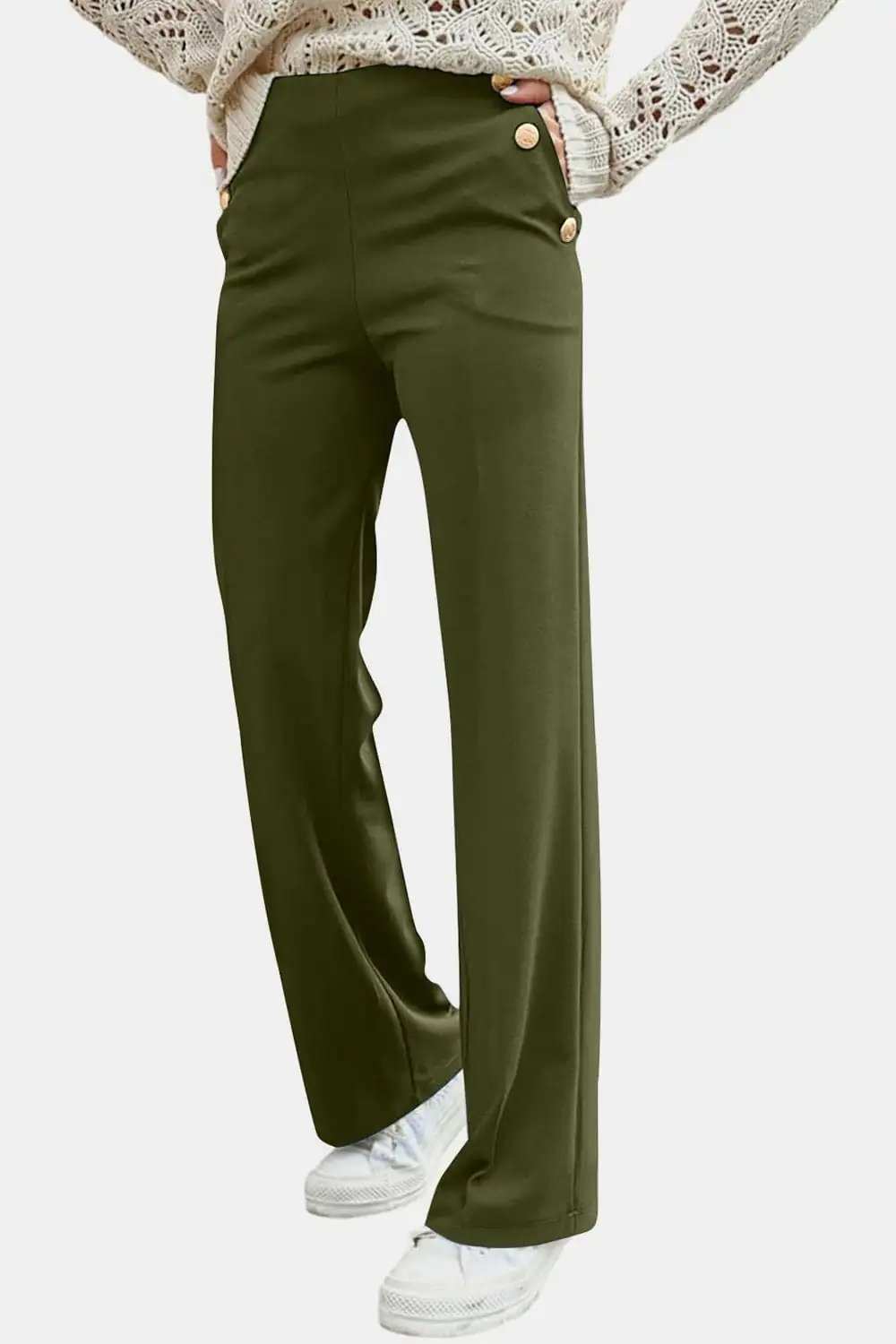 Decorative Button High Rise Pants - Trendsi - Flyclothing LLC
