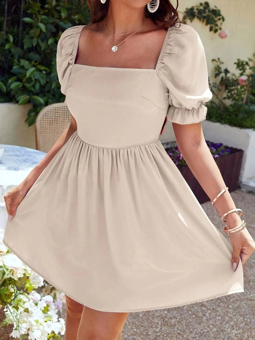 Square Neck Flounce Sleeve Mini Dress - Trendsi