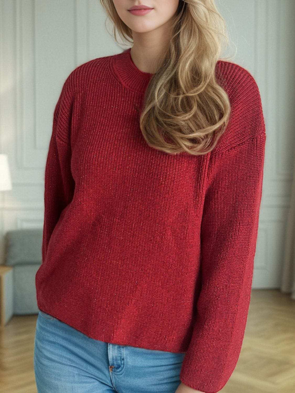 Solid Color Round Neck Long Sleeve Sweater - Trendsi - Flyclothing LLC